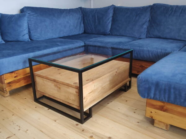 Drewniany stolik ze szklanym blatem w loftowym stylu 1/4